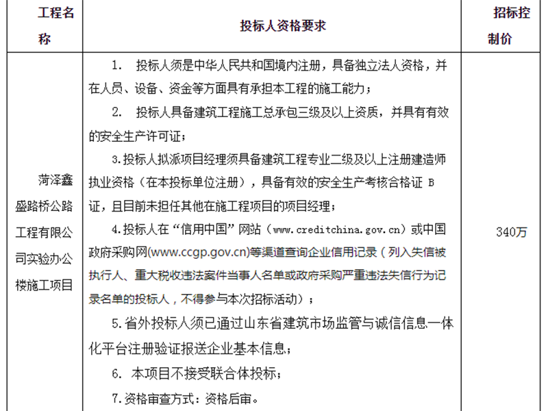 菏泽鑫盛路桥公路工程有限公司实验办公楼施工项目招标公告