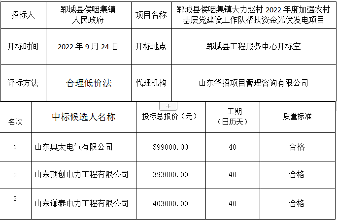 郓城县侯咽集镇大力赵村2022年度加强农村基层党组织          建设工作队帮扶资金光伏发电项目   中标公示