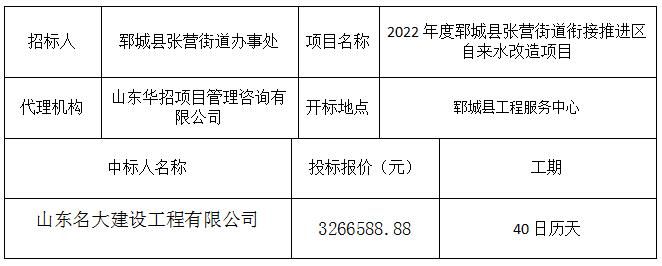 2022年度郓城县张营街道衔接推进区自来水改造项目  中标公示