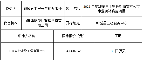 2022年度郓城县丁里长街道农村公益事业奖补资金项目 中标公示