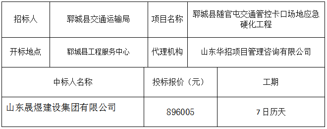 郓城县随官屯交通管控卡口场地应急硬化工程  中标公示