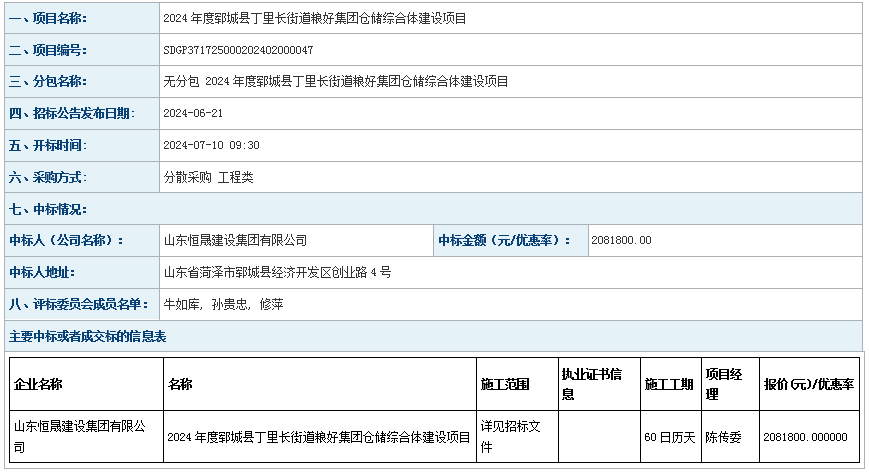 2024年度郓城县丁里长街道粮好集团仓储综合体建设项目 成 交公告