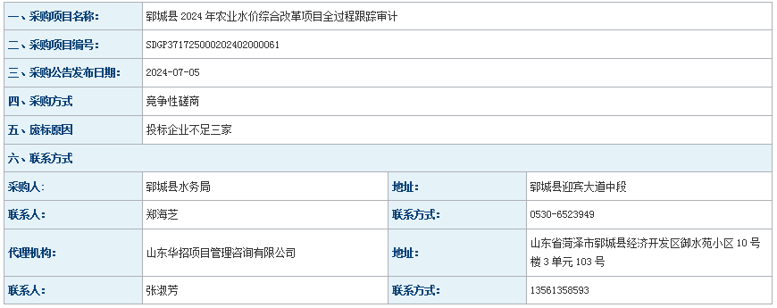 郓城县水务局郓城县2024年农业水价综合改革项目废标公告