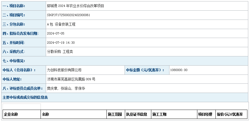 郓城县水务局郓城县2024年农业水价综合改革项目成 交公告